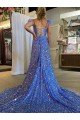Outlet A-Line V-Neck Sleeveless Long Court Train Velvet Sequin Prom Dress with High Slit