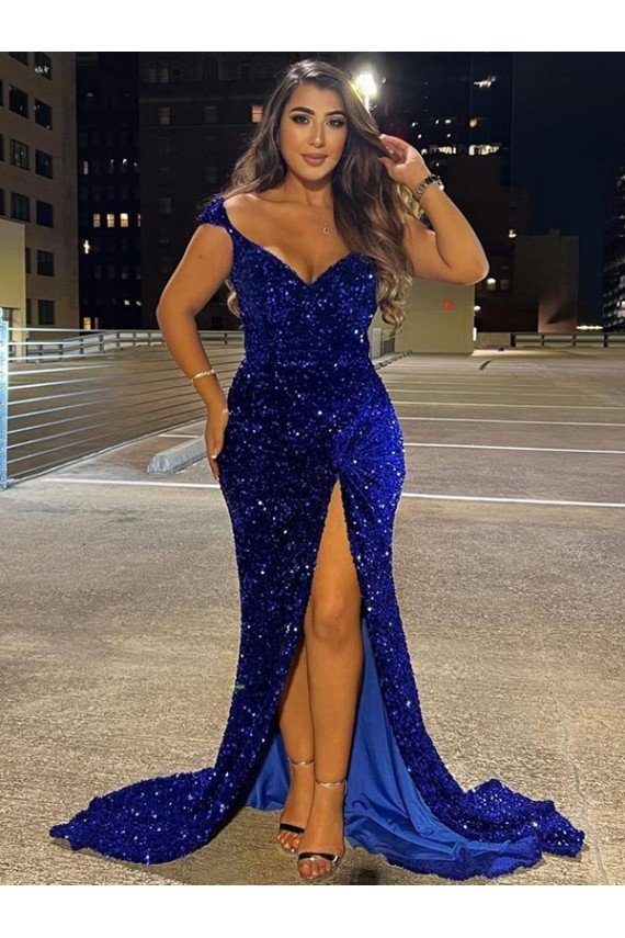 Outlet V-Neck Sleeveless Long Sweep Train Velvet Sequin Prom Dress with Slit