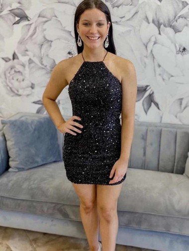 Outlet Halter Sleeveless Short Velvet Sequin Prom Dress