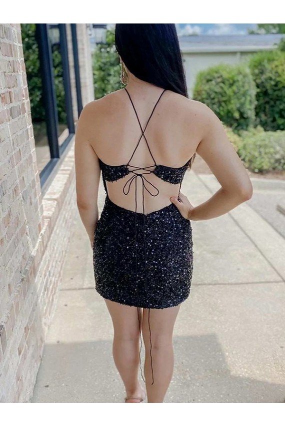 Outlet Halter Sleeveless Short Velvet Sequin Prom Dress