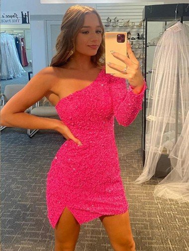 Outlet Short Velvet Sequin One Shoulder Long Sleeves Prom Dress