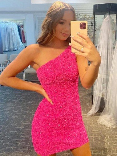 Outlet Short One Shoulder Sleeveless Velvet Sequin Prom Dress