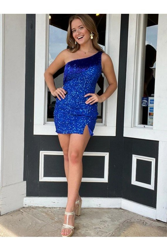 Outlet One Shoulder Sleeveless Short Velvet Sequin Royal Blue Prom Dress