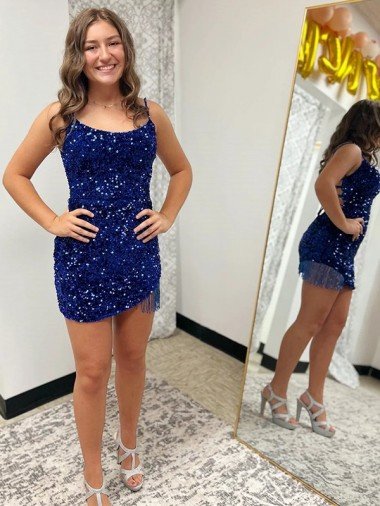 Outlet Spaghetti Straps Backless Sleeveless Short Velvet Sequin Prom Dress