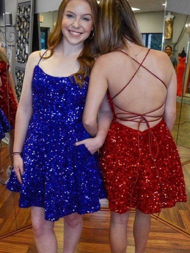 Outlet A-Line Spaghetti Straps Sleeveless Short Velvet Sequin Prom Dress