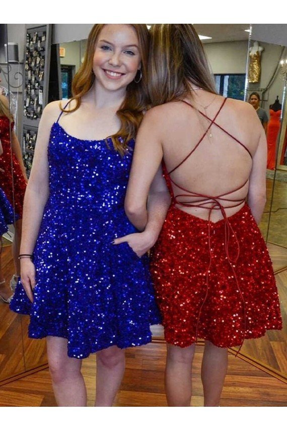 Outlet A-Line Spaghetti Straps Sleeveless Short Velvet Sequin Prom Dress