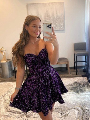 Outlet A-Line Sweetheart Sleeveless Short Velvet Sequin Prom Dress