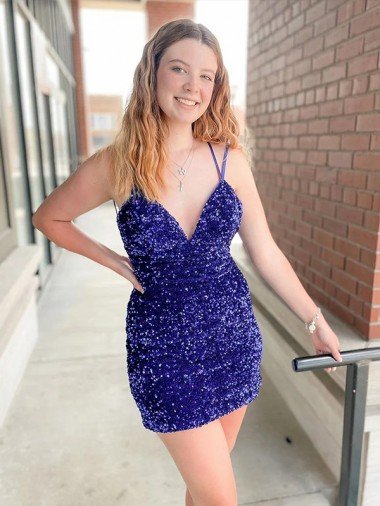 Outlet Sleeveless Short Velvet Sequin V-Neck Prom Dress