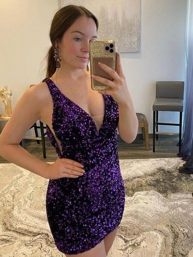 Outlet V-Neck Sleeveless Short Velvet Sequin Prom Dress