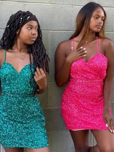Outlet V-Neck Sleeveless Short Velvet Sequin Cocktail Dress