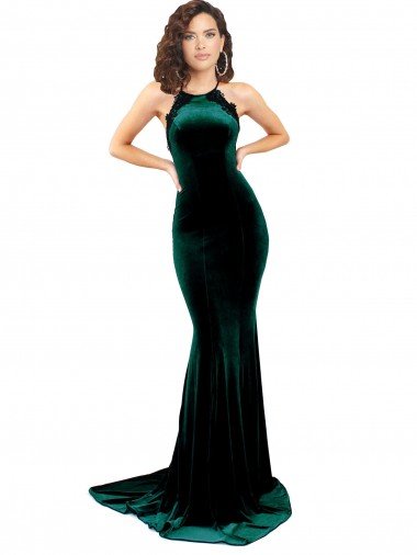 Outlet High Neck Formal Stretch Velvet Bridesmaid Dress / Prom Dress with Black Lace Embroidery