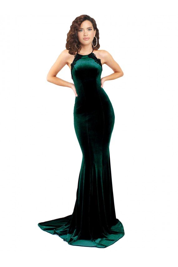 Outlet High Neck Formal Stretch Velvet Bridesmaid Dress / Prom Dress with Black Lace Embroidery