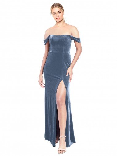 Outlet Draped Sleeves Wide Scoop Neck Off the Shoulder Velvet Bridesmaid Dress / Prom Dress
