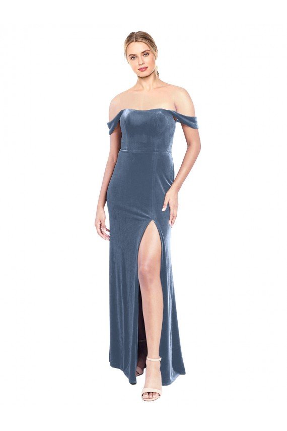 Outlet Draped Sleeves Wide Scoop Neck Off the Shoulder Velvet Bridesmaid Dress / Prom Dress