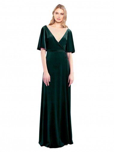Outlet Deep V-Neck Flutter Sleeves Long Velvet Wrap Bridesmaid Dress / Prom Dress