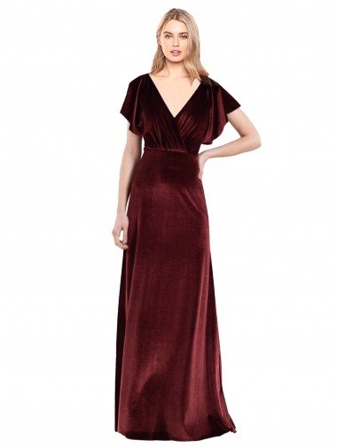 Outlet Flutter Sleeves Open Back Long Velvet Bridesmaid Dress / Prom Dress