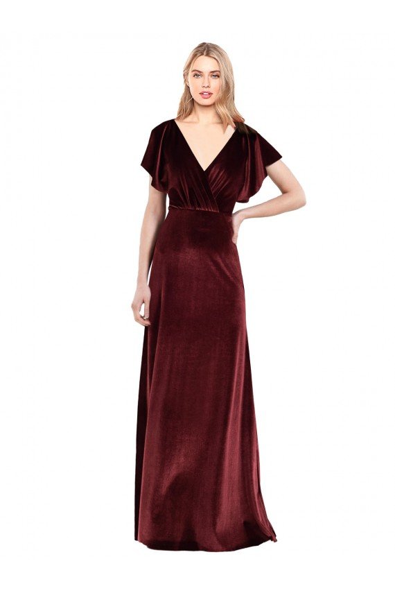 Outlet Flutter Sleeves Open Back Long Velvet Bridesmaid Dress / Prom Dress
