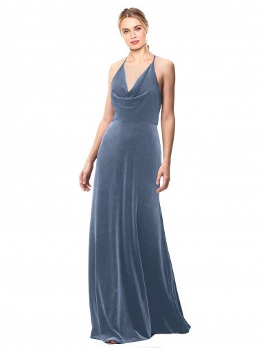 Outlet Halter Cowl Neck Long A-Line Velvet Bridesmaid Dress / Prom Dress with Keyhole Back