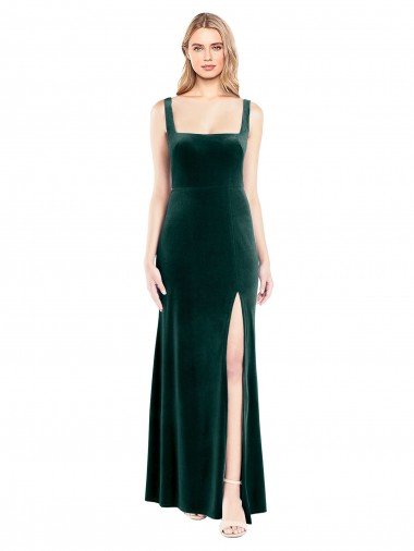 Outlet Square Neck Full Length Velvet Bridesmaid Dress / Prom Dress with Side Slit