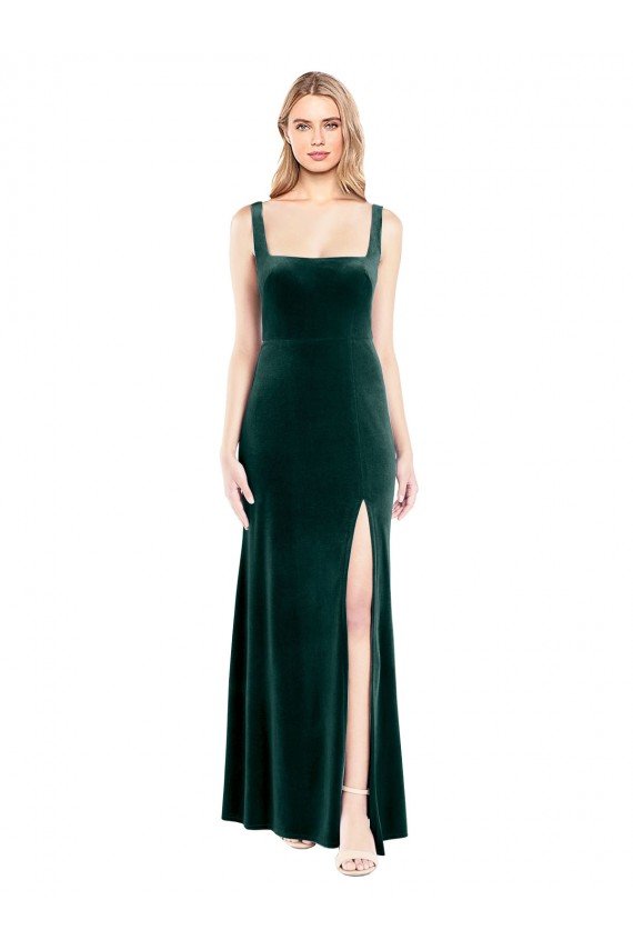 Outlet Square Neck Full Length Velvet Bridesmaid Dress / Prom Dress with Side Slit