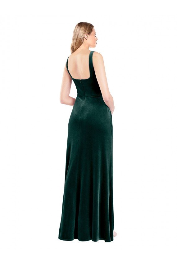 Outlet Square Neck Full Length Velvet Bridesmaid Dress / Prom Dress with Side Slit