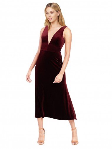 Outlet Daring Plunging V-Neckline Short Midi Cocktail Length Velvet Bridesmaid Dress / Prom Dress