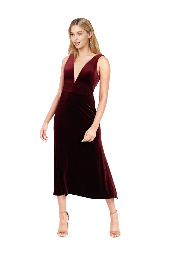 Outlet Daring Plunging V-Neckline Short Midi Cocktail Length Velvet Bridesmaid Dress / Prom Dress