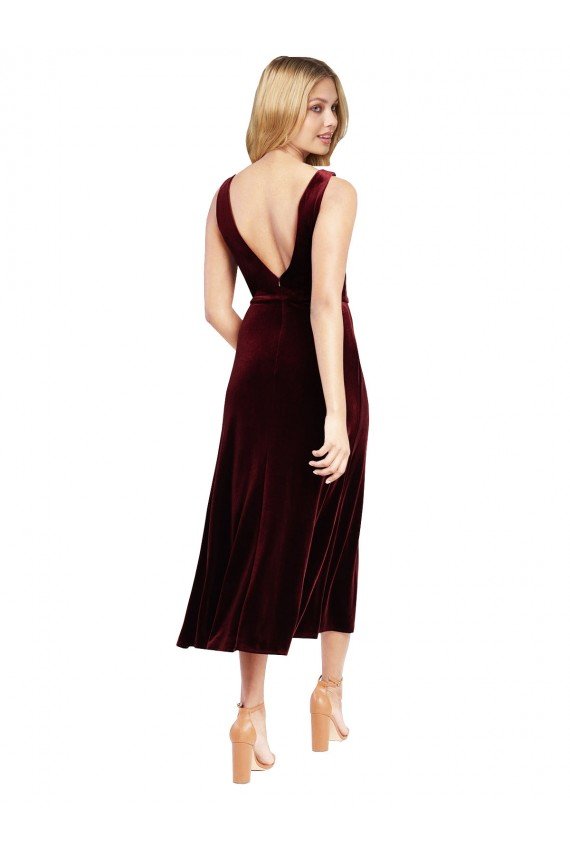 Outlet Daring Plunging V-Neckline Short Midi Cocktail Length Velvet Bridesmaid Dress / Prom Dress