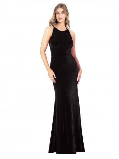 Outlet Vintage Velvet High Neck Formal Bridesmaid Dress / Prom Dress with Strappy Back