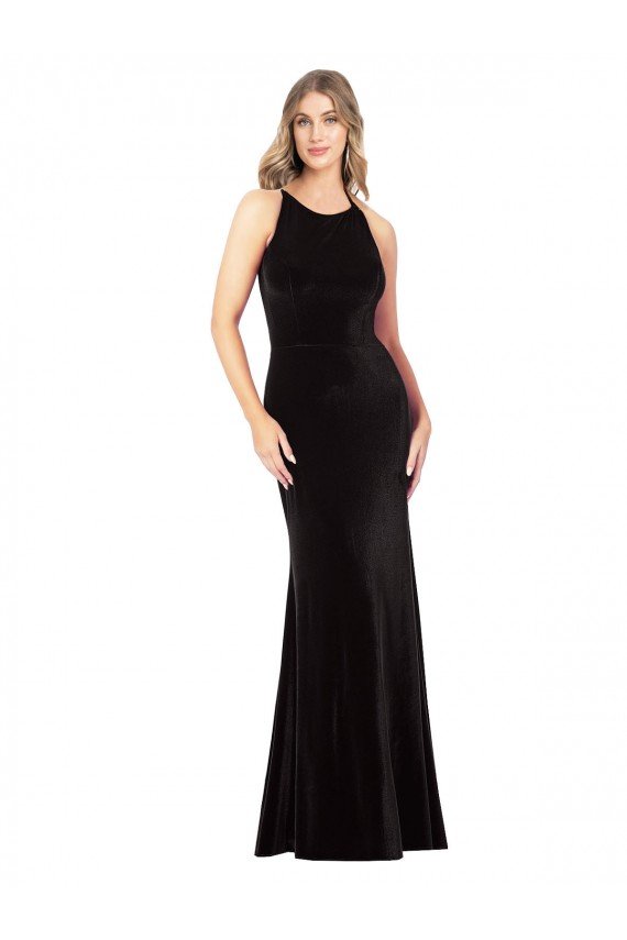 Outlet Vintage Velvet High Neck Formal Bridesmaid Dress / Prom Dress with Strappy Back