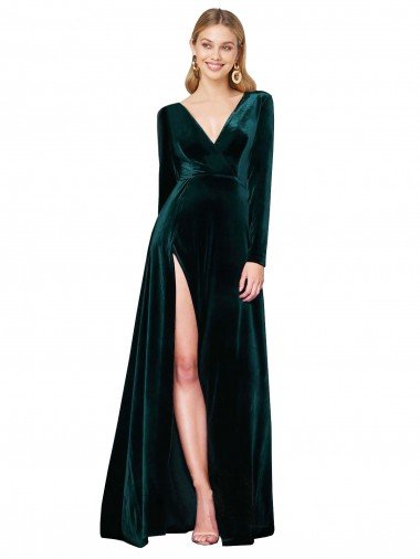 Outlet Deep V-Neck Long Sleeves Formal Velvet Bridesmaid Dress / Prom Dress with High Side Split