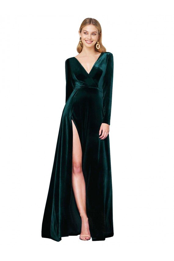 Outlet Deep V-Neck Long Sleeves Formal Velvet Bridesmaid Dress / Prom Dress with High Side Split