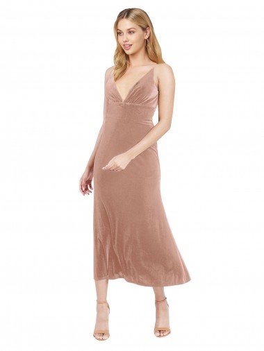 Outlet Midi Cocktail Length Short V-Neck Velvet Bridesmaid Dress / Prom Dress with Notched Neckline