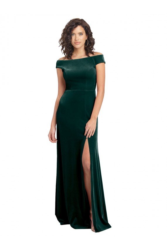 Outlet Floor Length Cap Sleeves Long Formal Velvet Bridesmaid Dress / Prom Dress with High Side Slit