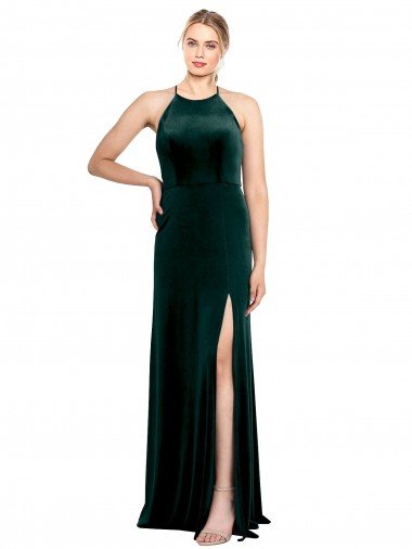 Outlet Long Jewel Neck Full Length Velvet Bridesmaid Dress / Prom Dress with Side Slit