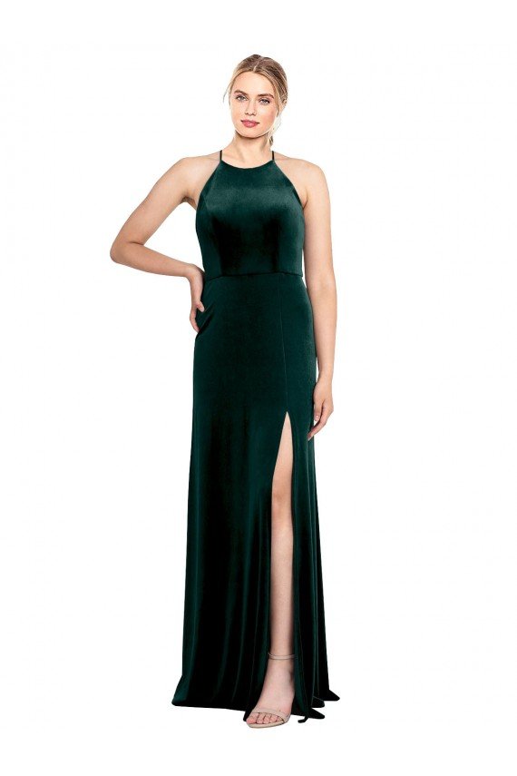 Outlet Long Jewel Neck Full Length Velvet Bridesmaid Dress / Prom Dress with Side Slit