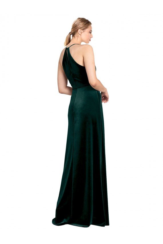 Outlet Long Jewel Neck Full Length Velvet Bridesmaid Dress / Prom Dress with Side Slit