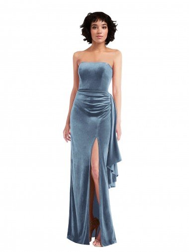 Outlet Strapless Formal Velvet Maxi Bridesmaid Dress / Prom Dress with Draped Skirt