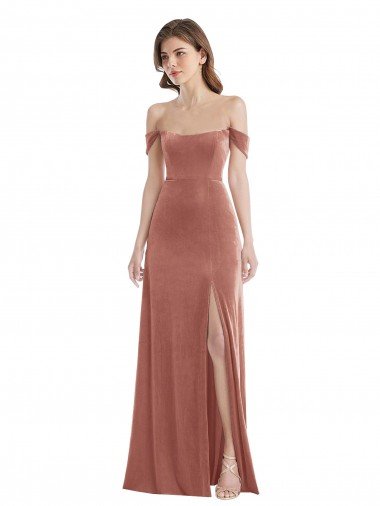 Outlet Off the Shoulder Flounce Sleeve Velvet Maxi Bridesmaid Dress / Prom Dress with Pockets