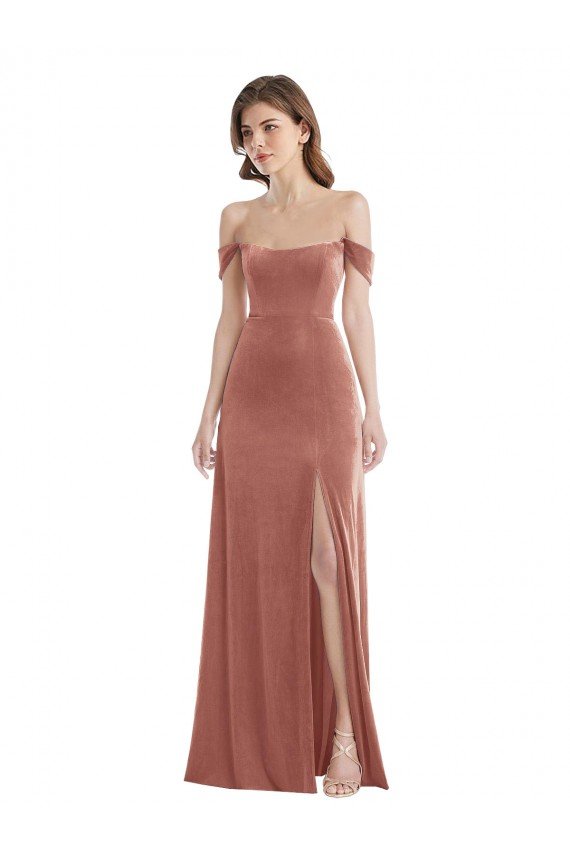 Outlet Off the Shoulder Flounce Sleeve Velvet Maxi Bridesmaid Dress / Prom Dress with Pockets