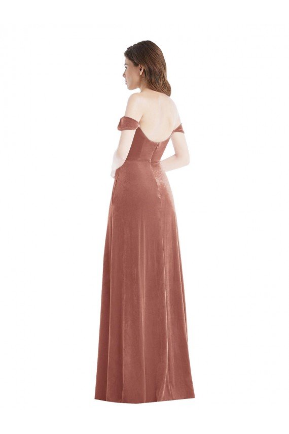 Outlet Off the Shoulder Flounce Sleeve Velvet Maxi Bridesmaid Dress / Prom Dress with Pockets