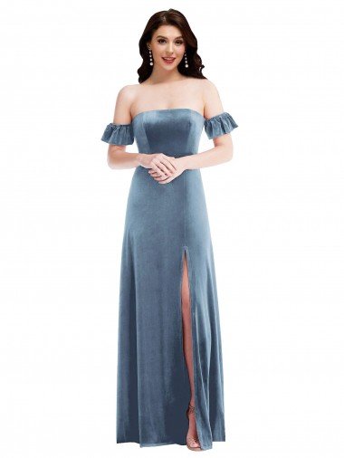 Outlet Ruffle Sleeve Off the Shoulder Velvet Maxi Bridesmaid Dress / Prom Dress