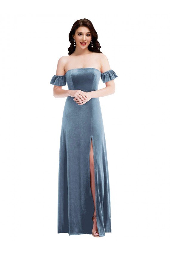 Outlet Ruffle Sleeve Off the Shoulder Velvet Maxi Bridesmaid Dress / Prom Dress