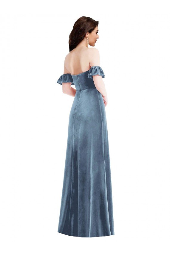 Outlet Ruffle Sleeve Off the Shoulder Velvet Maxi Bridesmaid Dress / Prom Dress