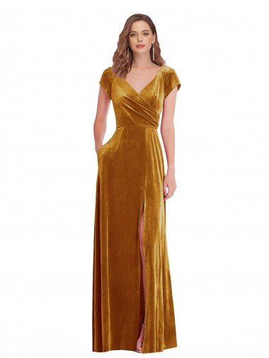 Outlet Cap Sleeve Faux Wrap Formal Velvet Maxi Bridesmaid Dress / Prom Dress with Pockets