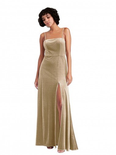 Outlet Square Neck Formal Velvet Maxi Bridesmaid Dress / Prom Dress with Front Slit & Pockets