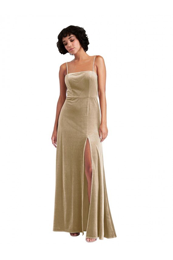 Outlet Square Neck Formal Velvet Maxi Bridesmaid Dress / Prom Dress with Front Slit & Pockets
