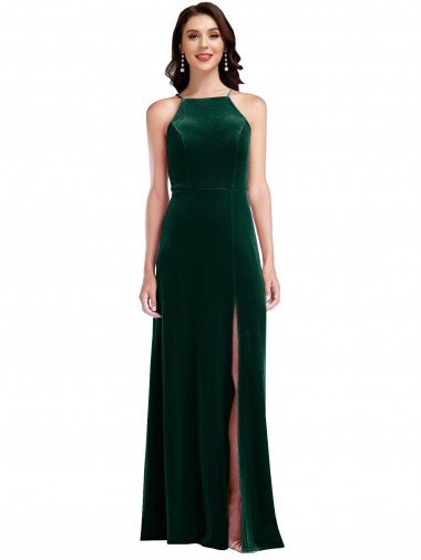 Outlet Velvet Halter Maxi Bridesmaid Dress / Prom Dress with Pockets & Front Slit