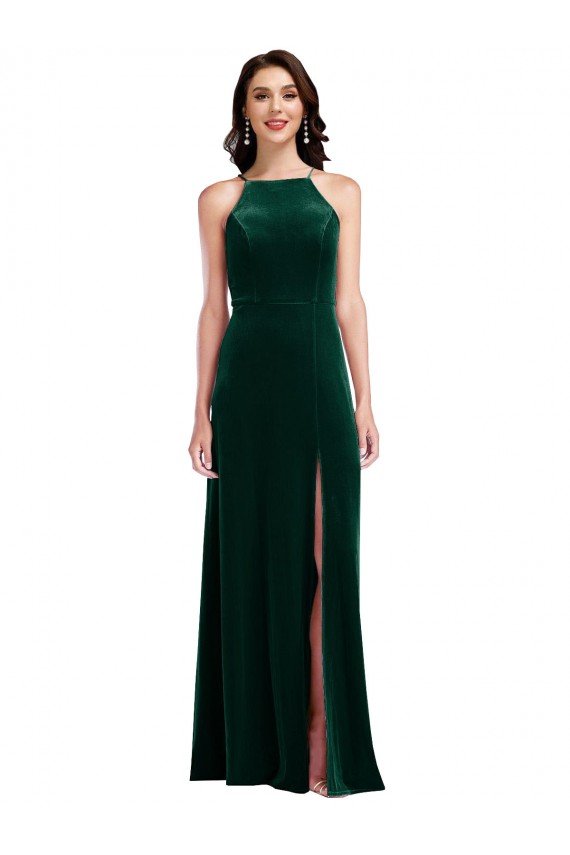 Outlet Velvet Halter Maxi Bridesmaid Dress / Prom Dress with Pockets & Front Slit
