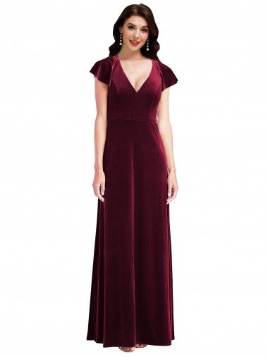 Outlet Flutter Sleeve Velvet Maxi Bridesmaid Dress / Prom Dress with Pockets